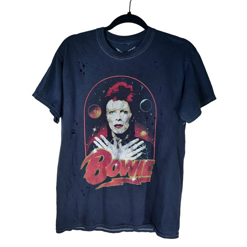 David Bowie Womens Bowie Retro Picture Vintage Style Navy Distressed Shirt